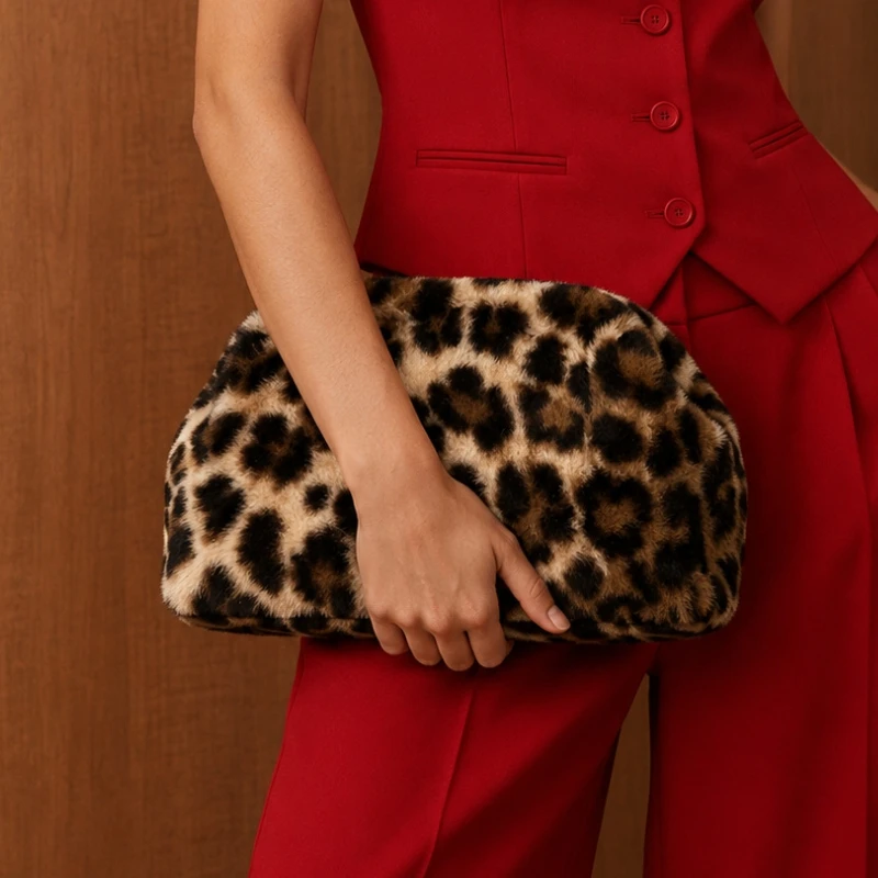 2026 Autumn/Winter Leopard Print Plush Clutch Bag Retro Design Fashionable Pleated Female Furry Handbag Wedding Party Banquet