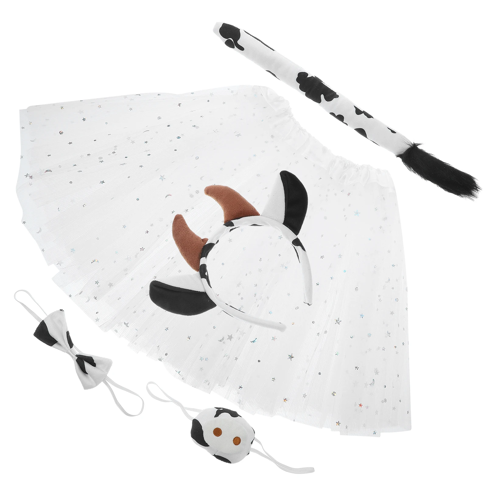 

1 set Cow Costume Accessories Set Soft Black White Ears Coffee Horns Tutu Dress Halloween Party Cosplay Props