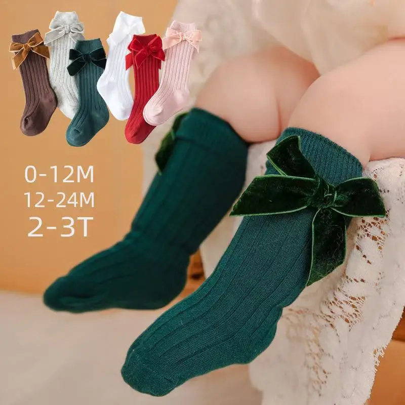 

Kids Christmas Girls Socks Autumn Winter Toddlers Red Bowknot Baby Knee High Long Sock Soft Cotton Children Socken For 0-4 Years