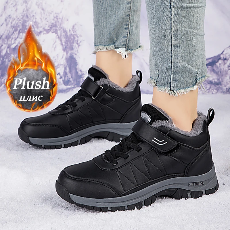 Brand Men Boots Waterproof Leather Boots Winter Male Plush Warm Sneakers Women Outdoor Non-slip Ankle Snow Boots Big Size 35-48