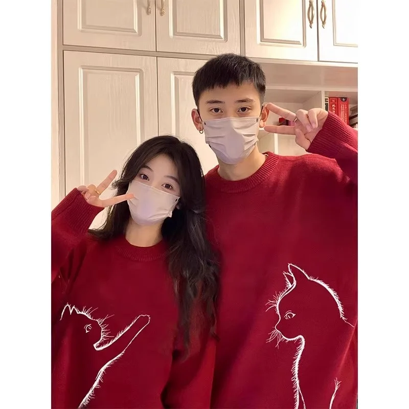 

Мужской свитер большого размера 300 Pou, красный, новогодний, зимний, парный, вязаный, модный, из полиэстера, повседневный, с принтом