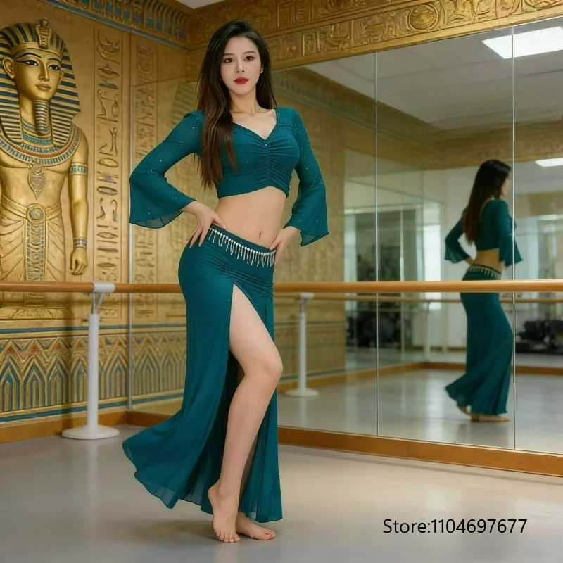 New Adult Maxi Belly Dance for Women Costume Set Mesh Top Long Slit Skirt Practice Sexy Modern Dance Stage Performance Dancewear