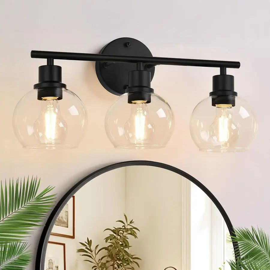 

Bathroom Light Fixtures, Black Bathroom Lights Over Mirror with Clear Glass Globe Shade, Vanity Lights for Bathroom Kitchen Livi