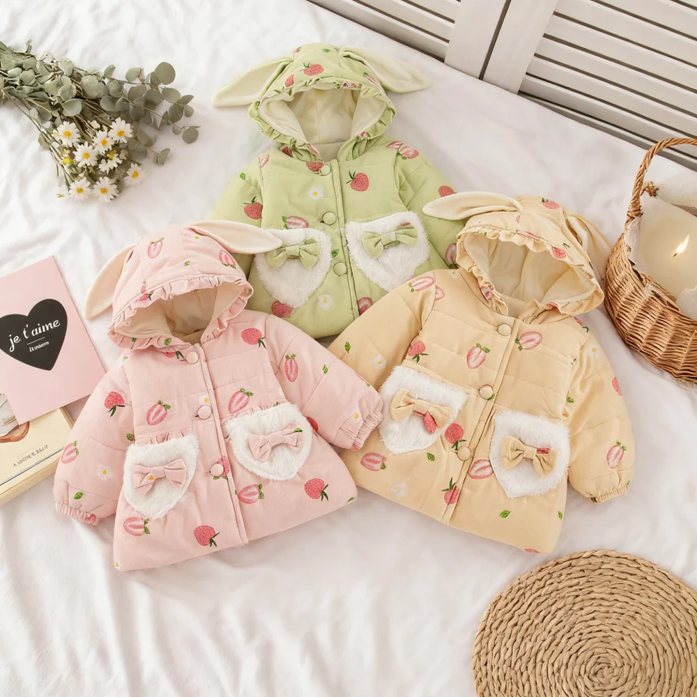 

Girls' Winter Coat Winter Strawberry Print Warm Hooded Girls Jacket Cute Ears Baby Outerwear Baby Girl Clothing