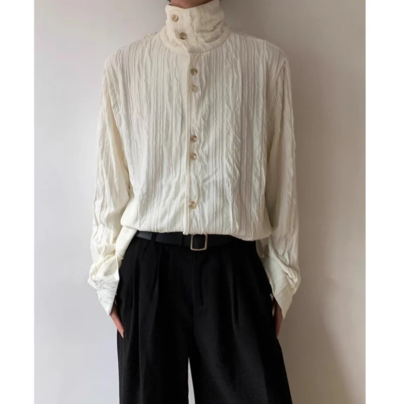 Men's French Style Vintage Pleated Textured High Collar Button Up Shirt Harajuku Solid Long Sleeve Loose Tops