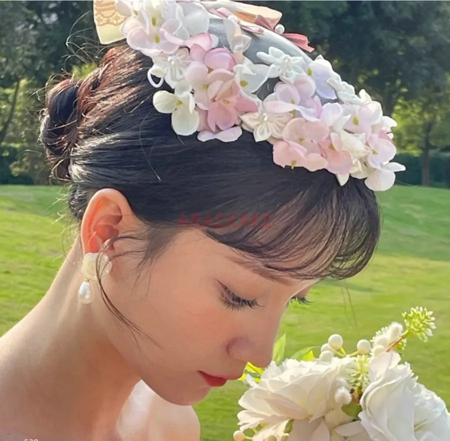 Flower Bride Headwear Pink Bow Flower Wreath Outdoor Shooting Top Hat Temperament Headwear Female