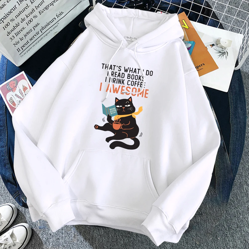 Black Cat & Coffee Printing Man Hoodies Comfortable Fleece Warm Pocket Sweatshirts Winter Breathable Pullover Men Woman Clothes