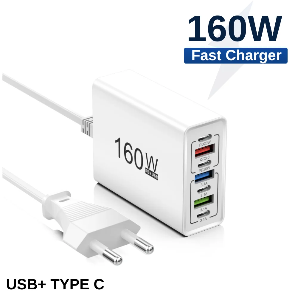

Зарядное устройство PD 160W USB Type-C для быстрой зарядки телефонов iPhone 16, 15, Xiaomi 17, Huawei, Samsung, Honor – высокоскоростной адаптер