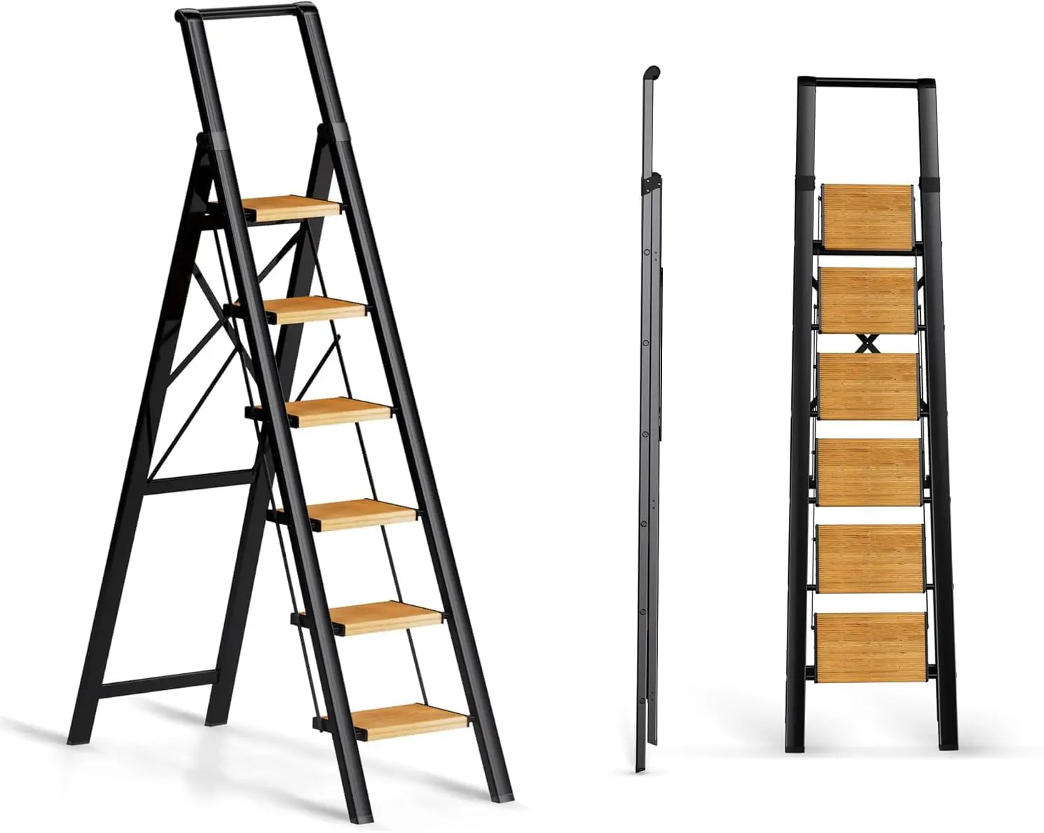 Escalera de 6 Peldaños para Techos de 12 Pies de Altura, Escalón Plegable con Agarradera y Pedal Ancho Antideslizante, Escalera Portátil de Aluminio para