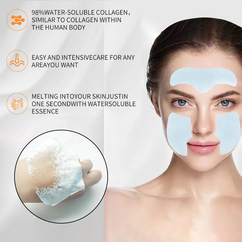 Mascarilla Facial Soluble en papel con película de colágeno, para la piel y las mejillas pegatina, parche para la frente, parches de líneas de sonrisa, eliminador de arrugas antienvejecimiento