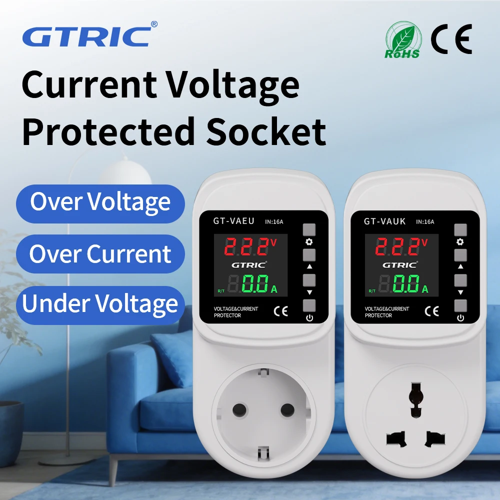 

GTRIC Over Under Voltage Protector EU/UK Plug 16A 220V AC Self-Resetting Over Under Voltage Adjustable Current Protection Socket