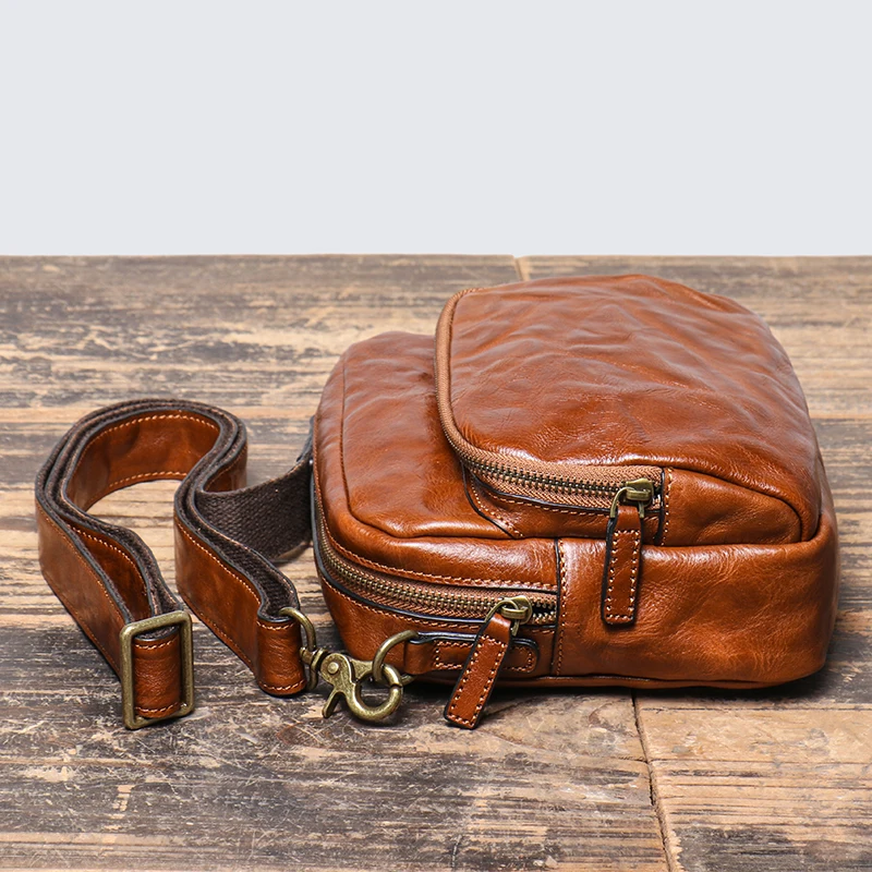 Vintage Casual Men\'s Head Layer Cowhide Leather Shoulder Bag Handmade Original Horizontal Messenger Bag Phone Bag LEATHFOCUS