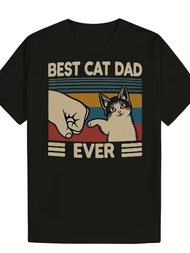 Vintage Retro Best Cat Dad Ever T Shirt Cat Fist Bump Print Short Sleeve Tee Casual Streetwear Top For Cat Lovers Unisex Tshirts