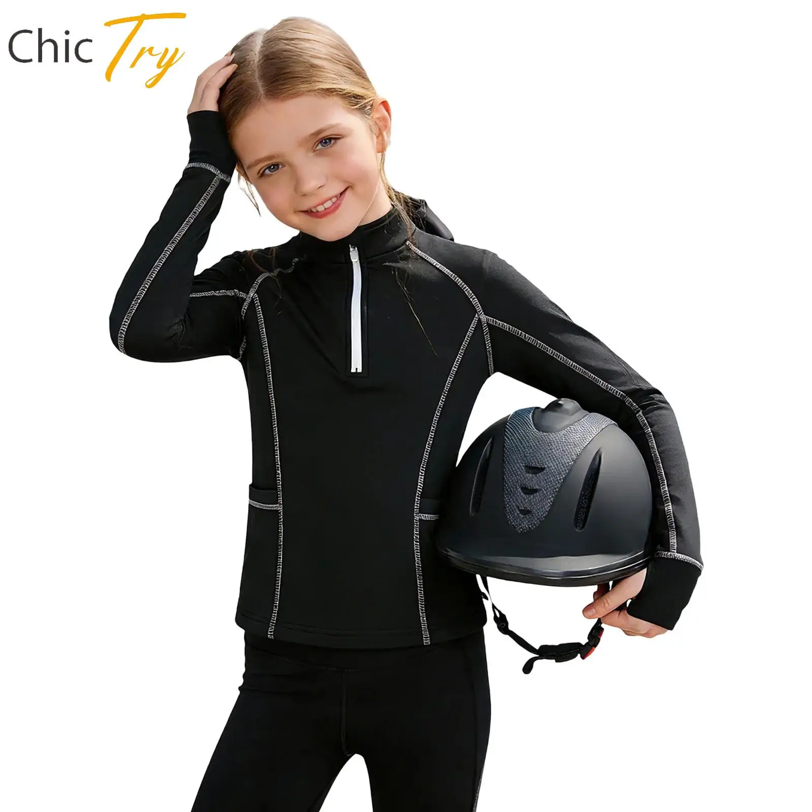 

Kids Girls Horse Riding Shirt Fashion Long Sleeves Thumb Holes Zip-Up Pullover Sweatshirt for Outdoor Cycling Tops Sportswear