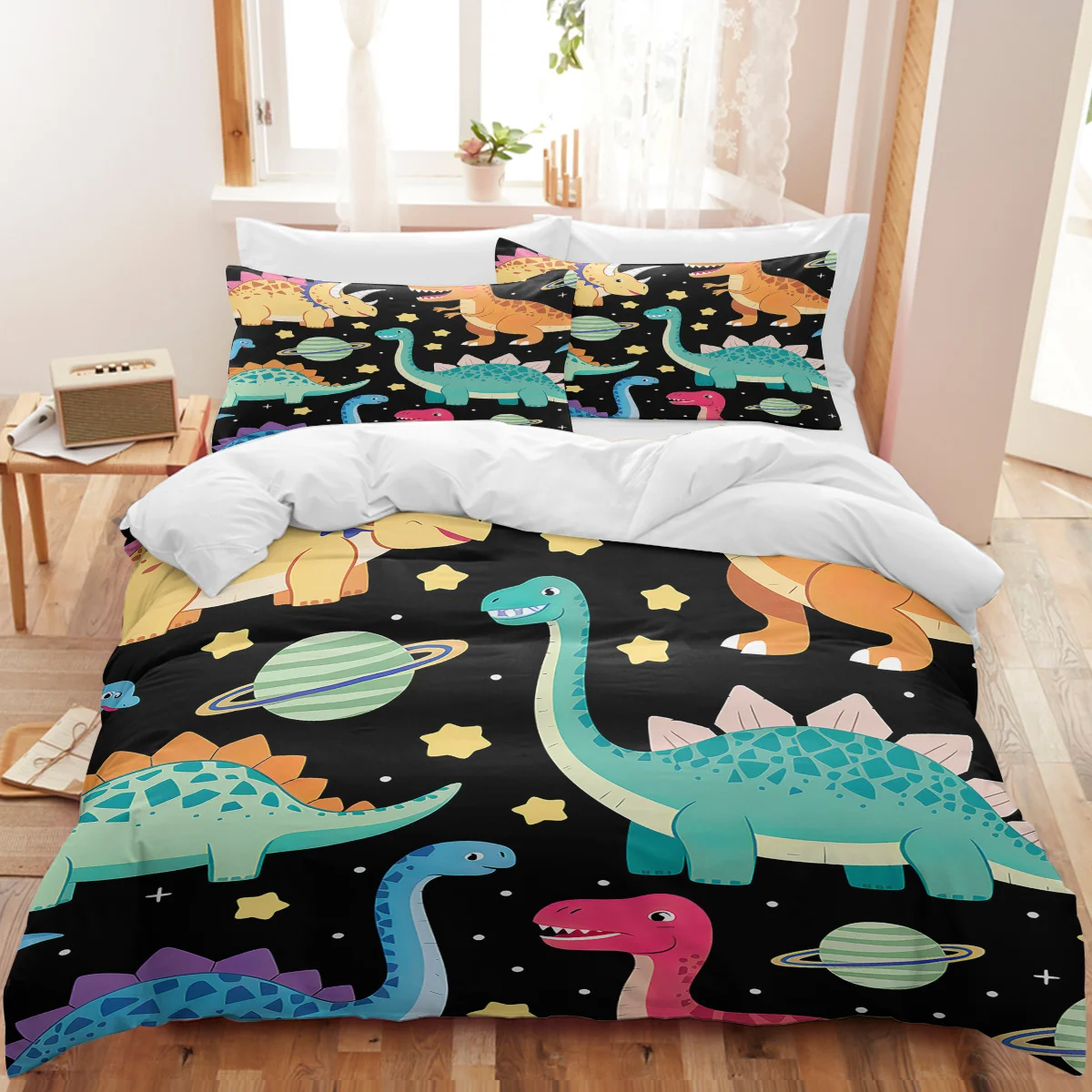 BeddingOutlet 3 Pieces Galaxy Dinosaurs Duvet Cover Set Warm Soft Cozy Black Bed Set with Zipper Closure for Boys Girls Bedroom