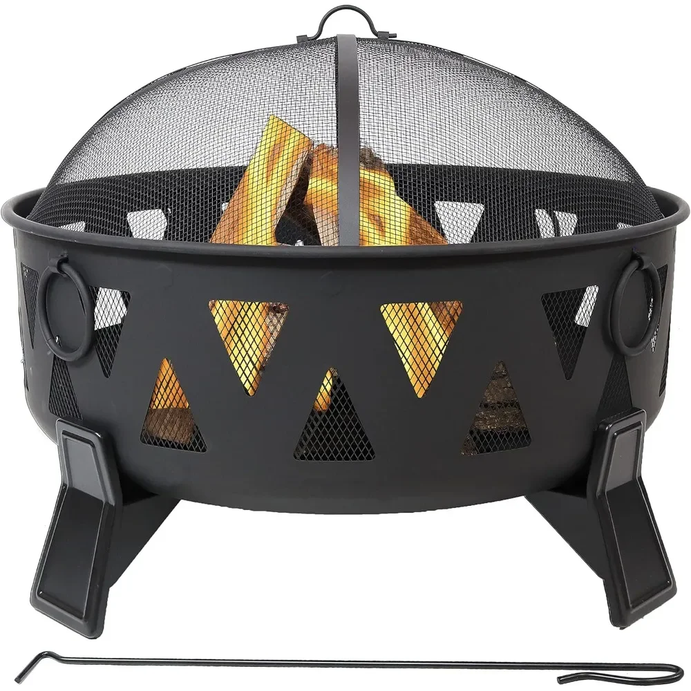 

25-Inch Steel Wood-Burning Fire Pit with Mesh Stripe Cutouts - Includes Poker and Spark Screen