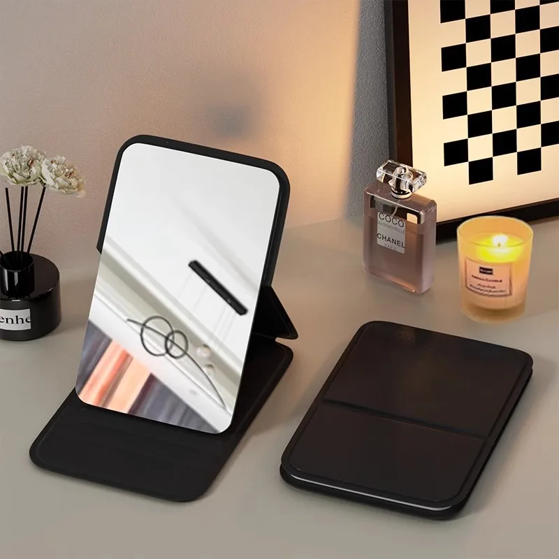 Desktop Makeup Mirror Solid Color PU Leather Simple Portable Handheld Makeup Mirror Foldable Student Compact Cute Pocket Mirror