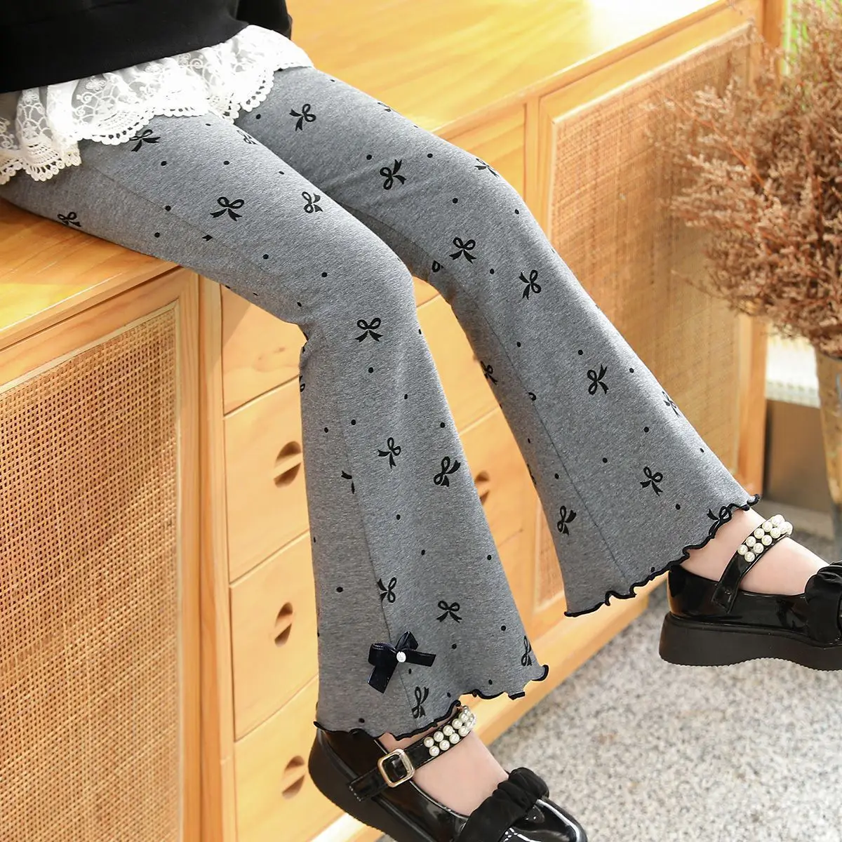 Girls Spring Autumn New Bow Knot Flare Pants Casual Grey Sweet Versatile Designer Leggings Baby Girl Pants Trendy