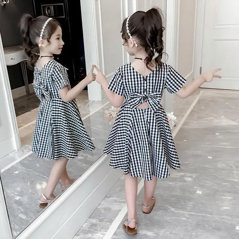 فستان بناتي صيفي للمراهقات لعام 2025 ملابس منقوشة بفيونكة رمادية شيفون طويل تنورة أميرة الشاطئ 3 4 5 6 7 8 9 10 12 13 14 سنة #1