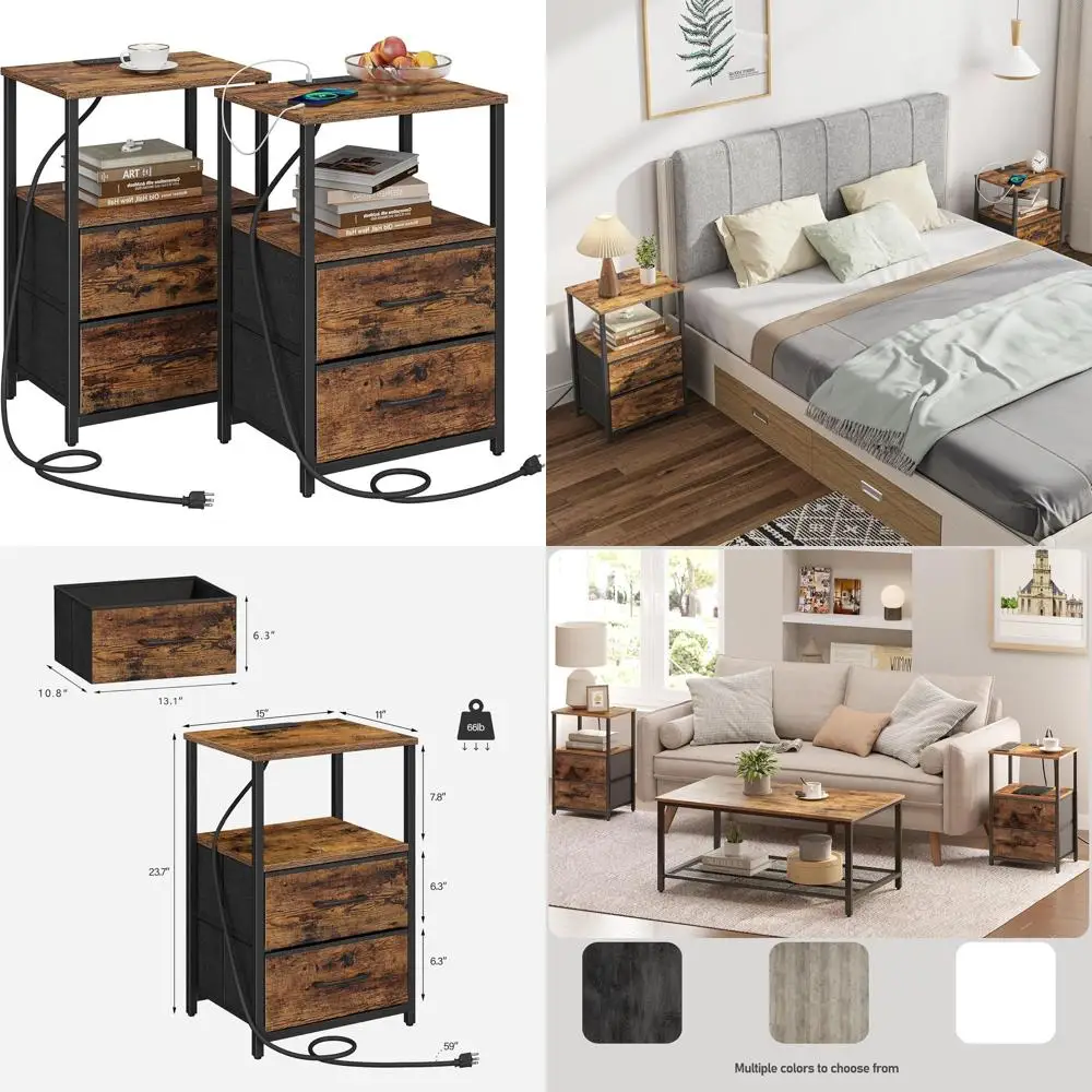 

Комплект из 2-х коричневых прикроватных тумбочек с USB-портами и розетками, тумба с тканевым ящиком