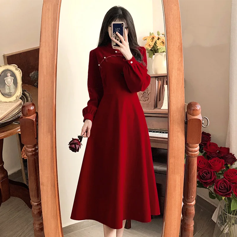 Elegant Velvet Cheongsam Long Dresses For Women Large Size Autumn Winter Loose Female Long Sleeve Red Vestido A Line Slim Robe