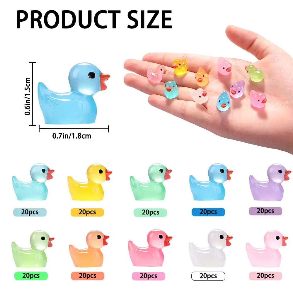 100pcs Luminous Mini Resin Duck 10 Color Little Small Duck Glow in The Dark Duck Figure for Dollhouse Decor Micro Garden