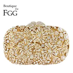 Boutique De FGG Women Gold Evening Bags and Clutches Formal Party Flower Clutch Purse Wedding Bridal Rhinestone Clutch Handbag