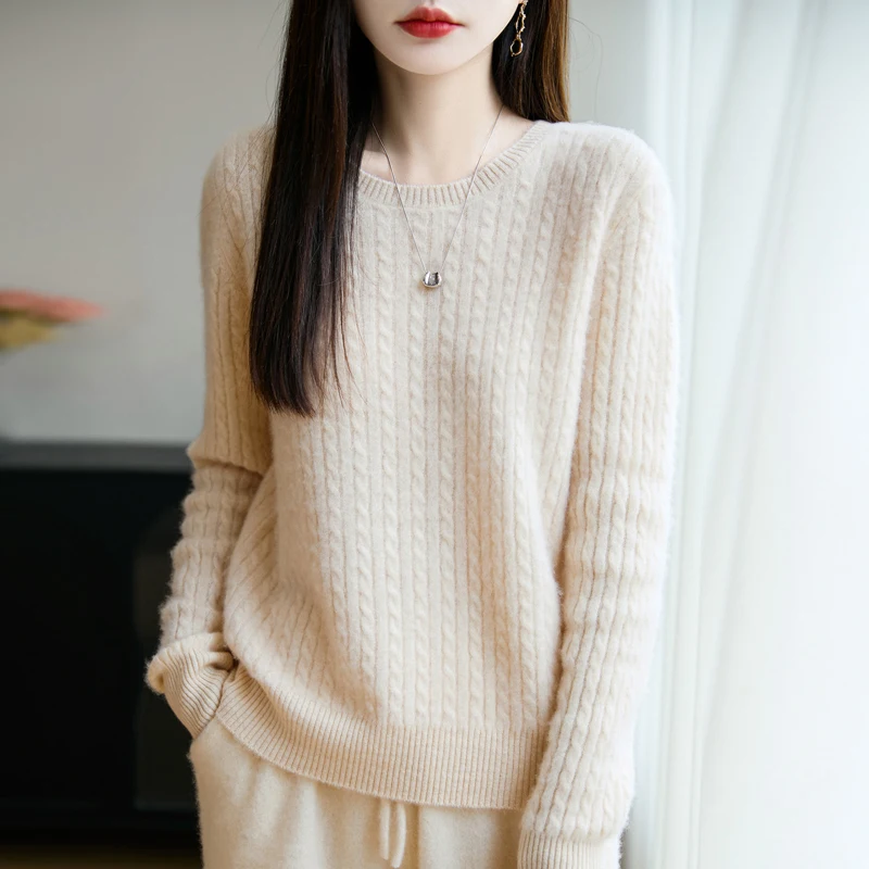 

Утолщенный вязаный свитер из 100% чистой шерсти, женский вязаный свитер с круглым вырезом и цветочным дизайном, базовая рубашка, облегающий осенне-зимний трикотаж