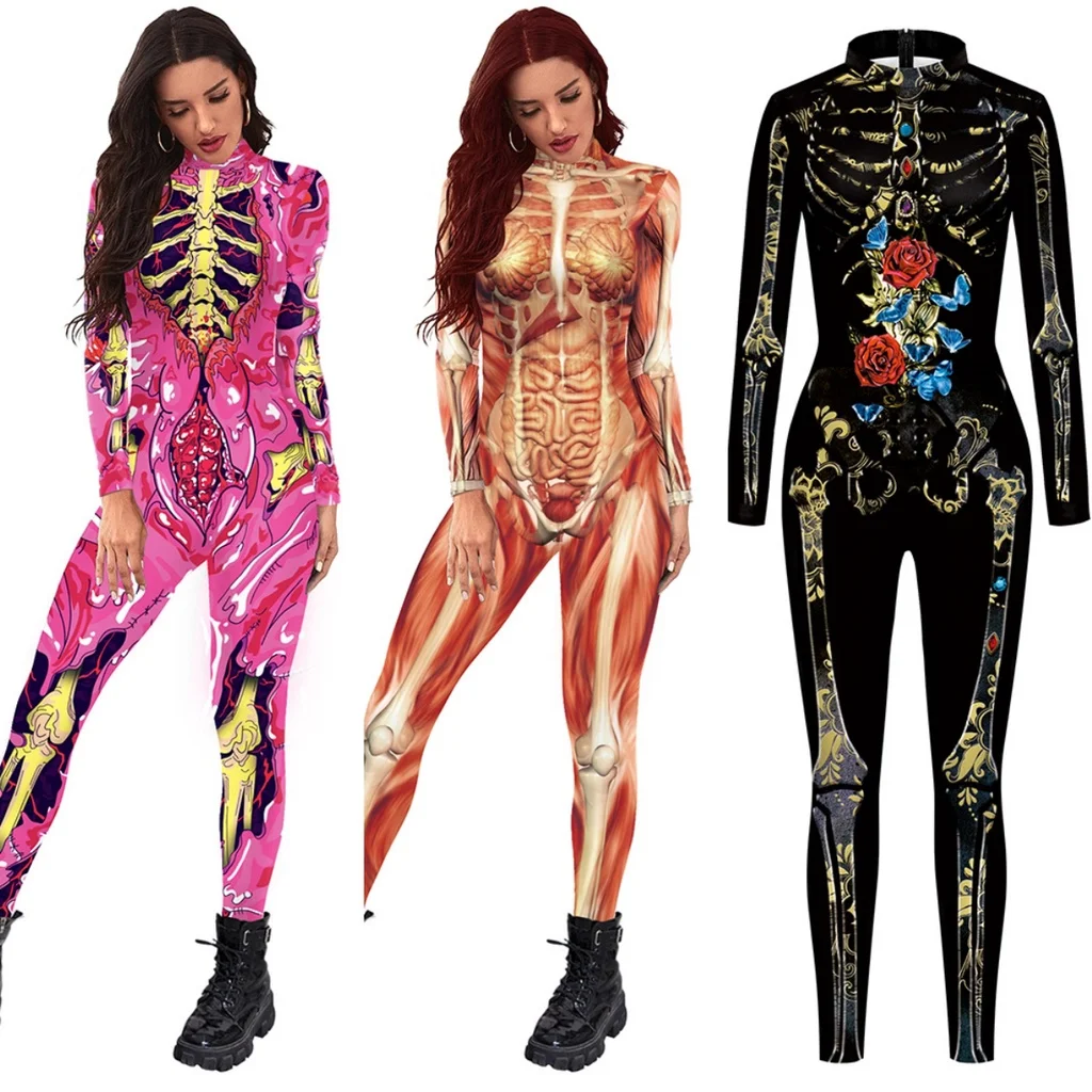 Costume de cosplay de squelette imprimé en 3D pour hommes et femmes, combinaison de corps humain, muscle, crâne, modules, Halloween