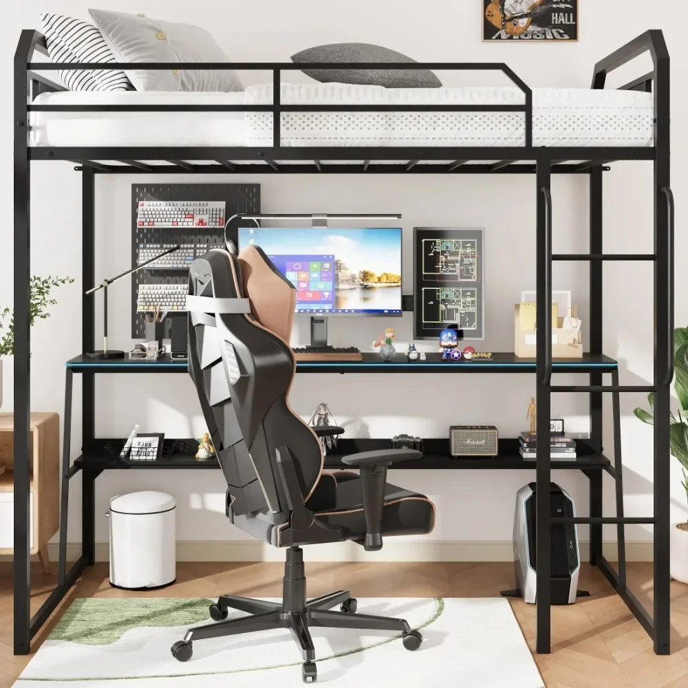 

Heavy Duty Metal Lofts Beds, Twin Loft Bed with Desk, Modern LED Loft Bed Frame with Ladder Long Handrails and Safety Guardrail