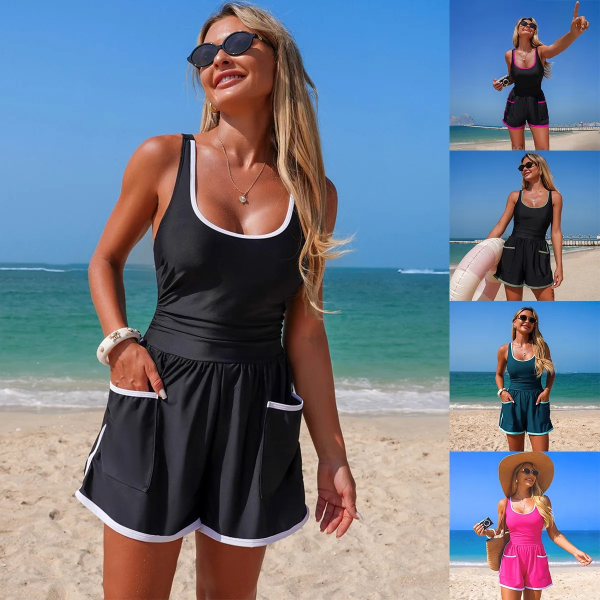 Black With White Trim One Piece Swimsuit Sleeveless V Neck One Piece Tank Top Contrast Trim Swimsuit Side Pockets Bathing Suit