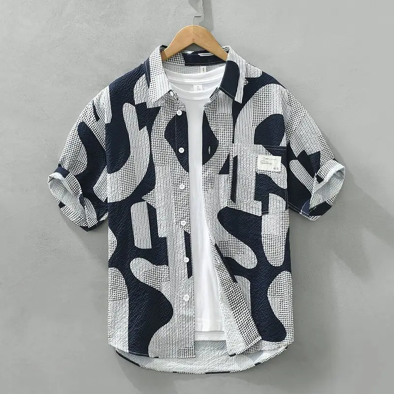 2024 New Summer Fashion Trend Personality Japanese Style Lapel Color Blocking Print Casual Loose Oversized Breathable Thin Shirt