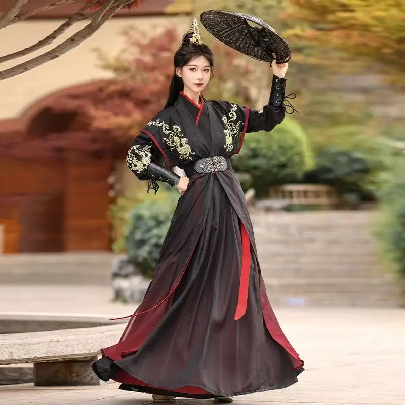 

Black Red Wuxia Hanfu for Men Women Traditional Chinese Embroidered Beizi Skirt Vintage Halloween Swordsman Cosplay Outfit Hanfu