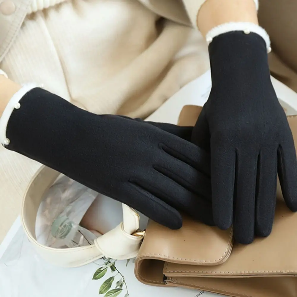 Thicken Pearl Driving Gloves Keep Warm Windproof Touch Screen Gloves Korean Version Pearl Decoration Split-finger Gloves Bridal