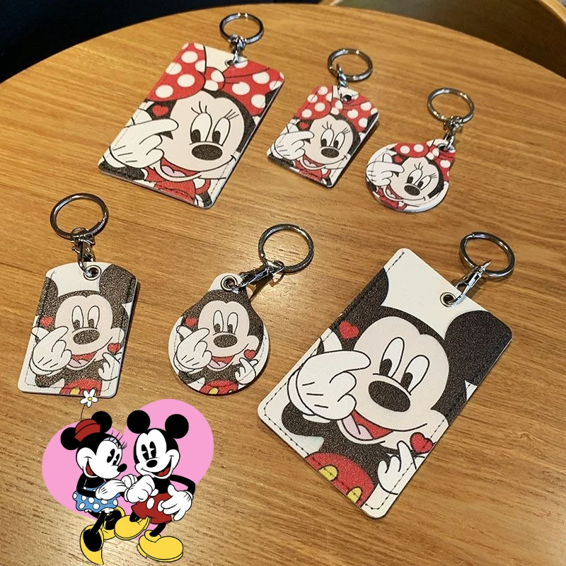 

Disney Mickey Mouse Access Card Case Leather Card Holder Keychain Door Lock Access Tags Cartoon Anime Card Bag Protective Cover