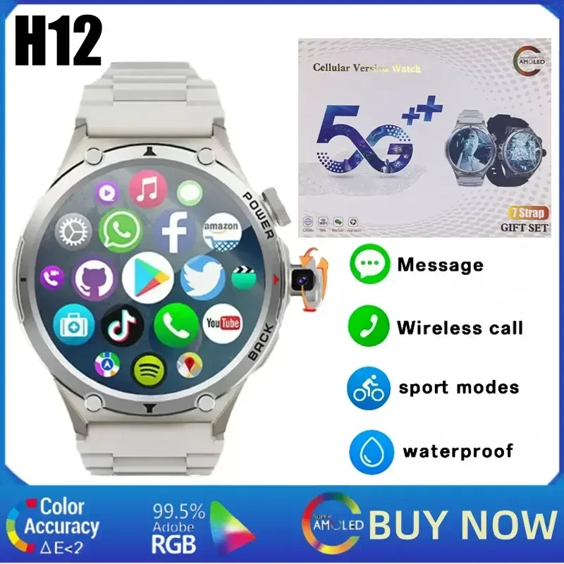 H12 4G LTE Android Smartwatch 1.6 Inch HD AMOLED Display 8GB+128GB Bluetooth Calling GPS NFC 100+ Sports Modes for Men Women
