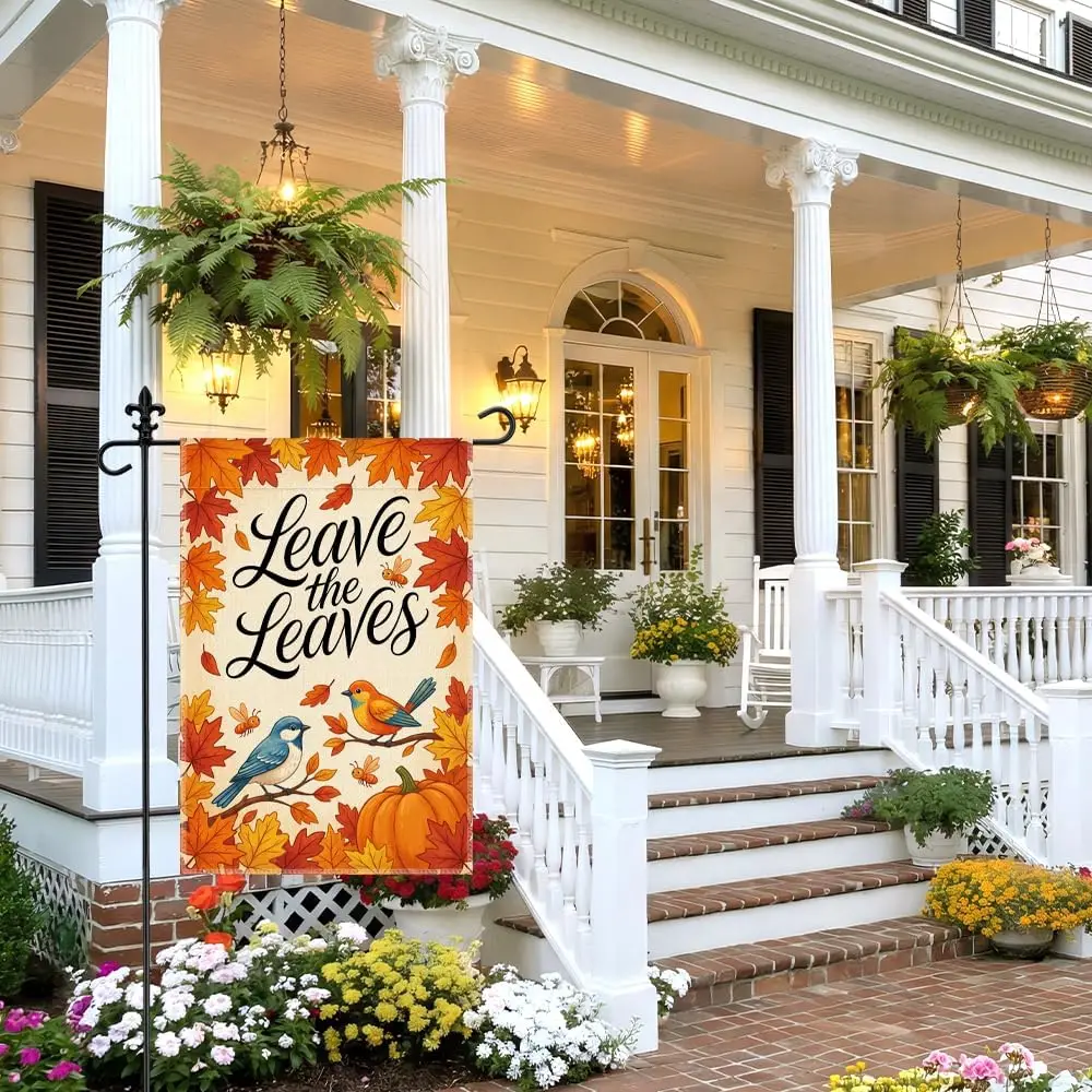 Leave the Leaves Garden Flag 12x18 Inch Double Sided, Autumn Bird Pumpkin Yard Flag, Eco Friendly Pollinator Friendly Outdoo yyi
