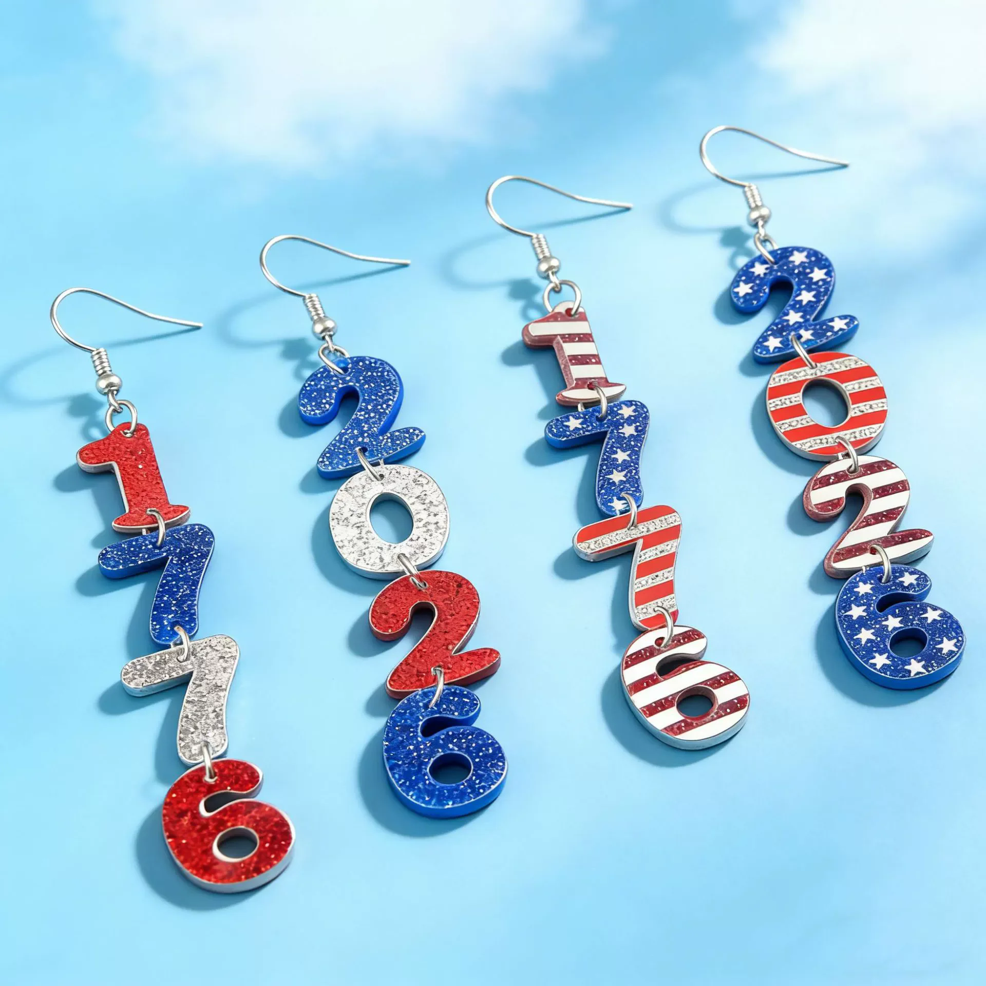 

20pairs American Independence Day Earrings 250th Anniversary Acrylic Love Water Drop Digital Double Layer Earrings wholesal