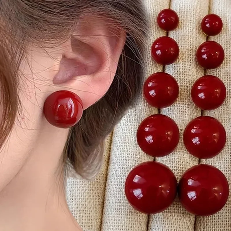 Vintage Red Pearl Stud Round Earrings for Women Korean Sweet Imitation Pearl Temperament Earings Wedding Party Jewelry Gifts