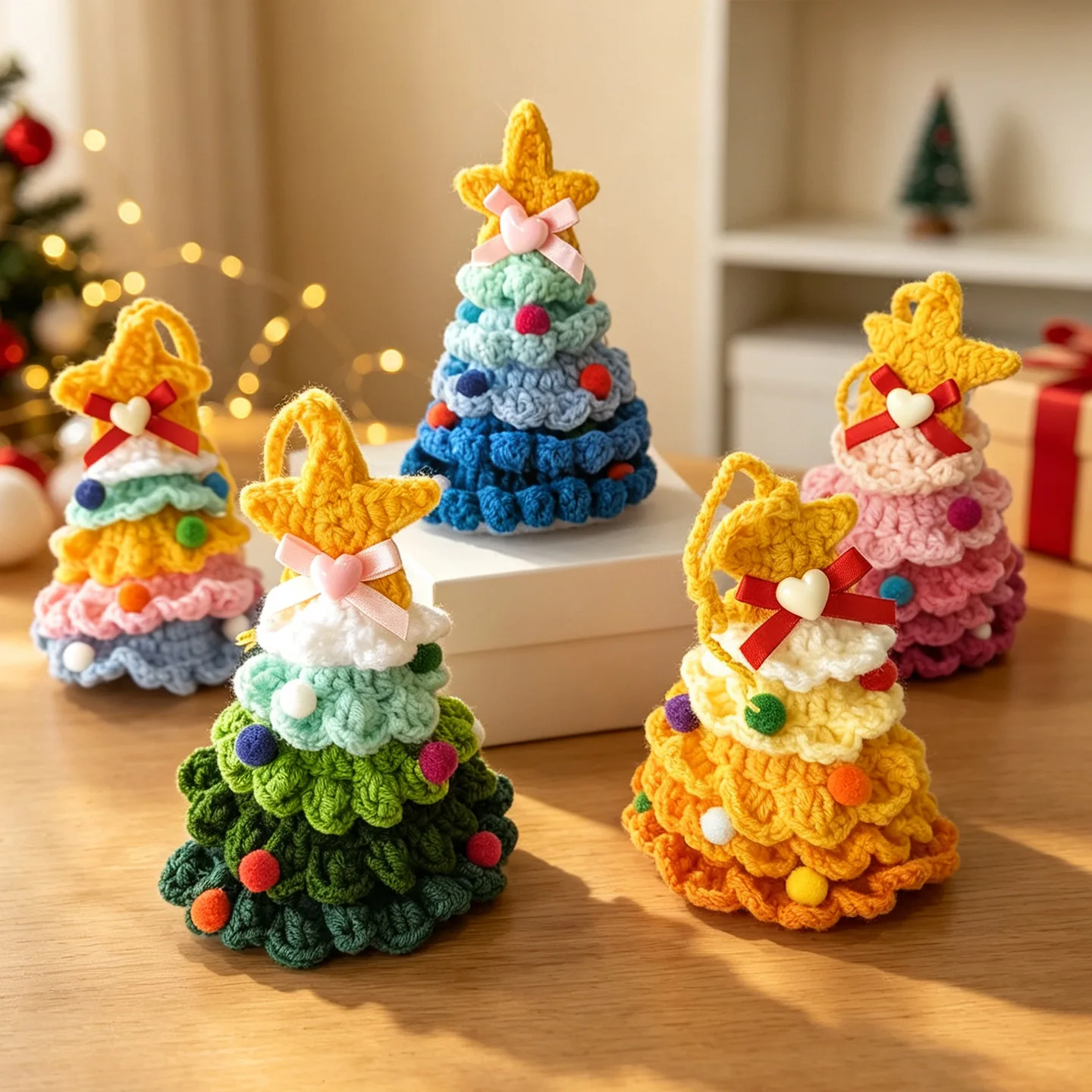 Knitted Christmas Tree Pendant Wool Yarn Handmade Festive Holiday Home Party Decor Green Lightweight Durable Charm
