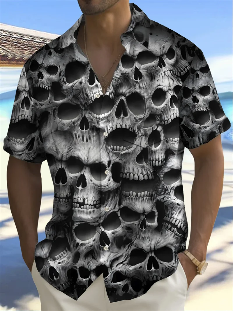 Men\'s 2024 shirt collar fashion Hawaiian shirt short sleeved soft men\'s shirt daily social Christmas skull