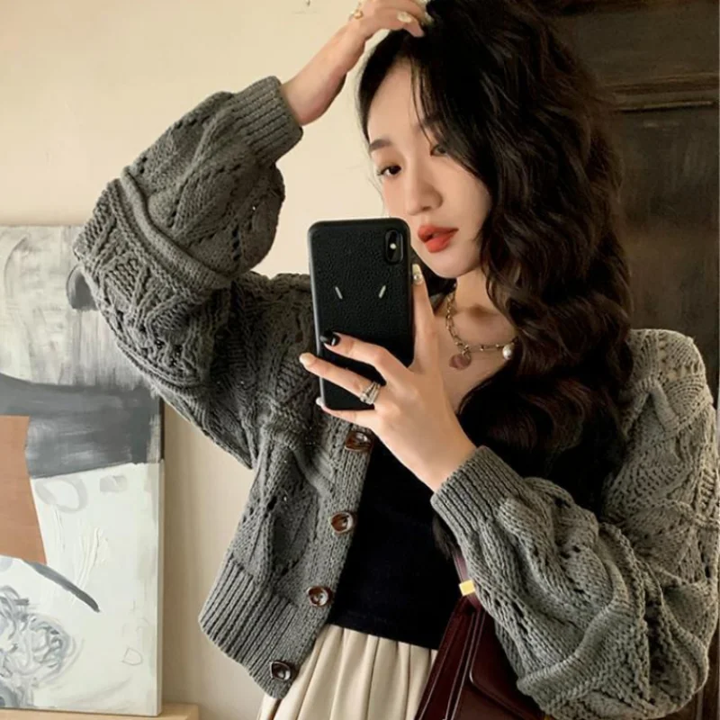 

Cardigan for Women Hollow Out Solid Design Cropped V-neck Кардиган Женский All-match Spring Casual Korean Style Fashion Vintage