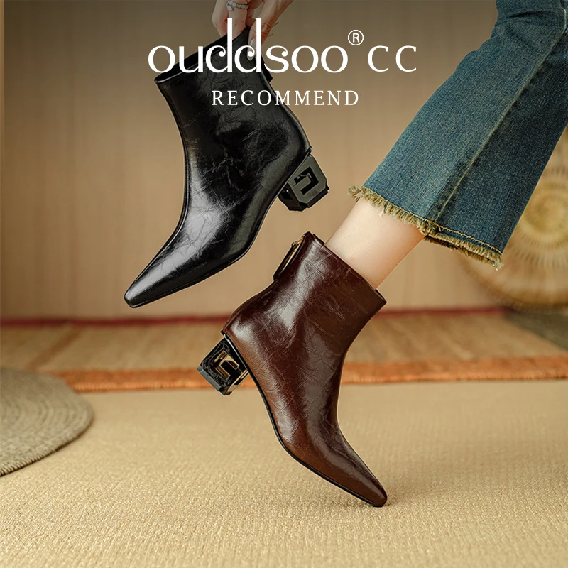 Ods Winter Leather Chunky Women Ankle Pointed Toe Mid Heels Elegant Shoes 2025 Trend Fahion Pumps Goth Chelsea Botas De Mujer