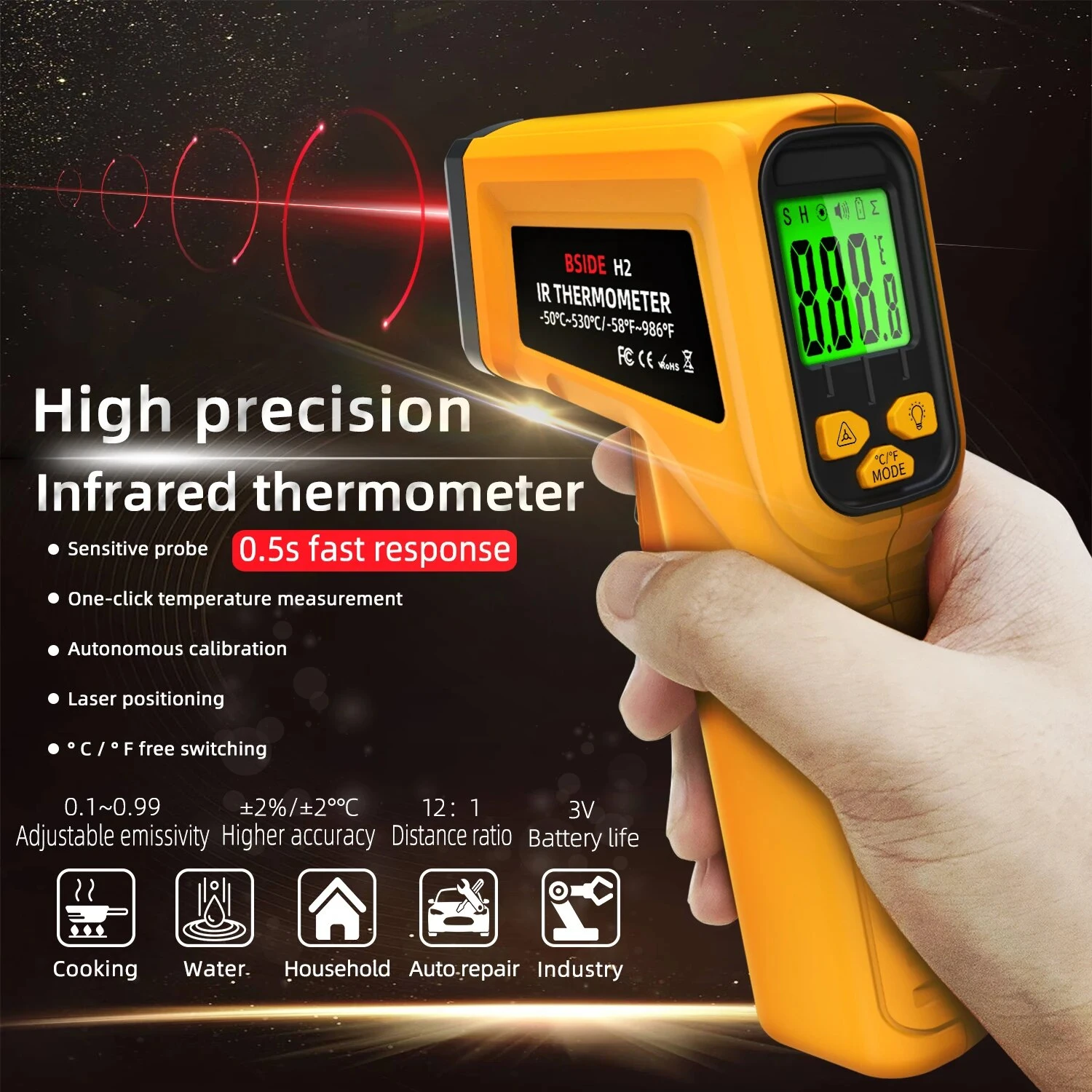 Infrared Thermometer -50~530C Professional 12 1 Digital IR-LCD Temperature Meter Non-contact Laser Thermometers Pyrometer