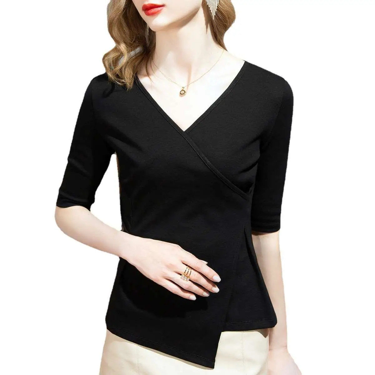 الصيف المرأة الصليب Vne Tirt الشكل فلاترين القطن مزيج عارضة أعلى للسيدات العصرية اللون خمسة Sve طول #5