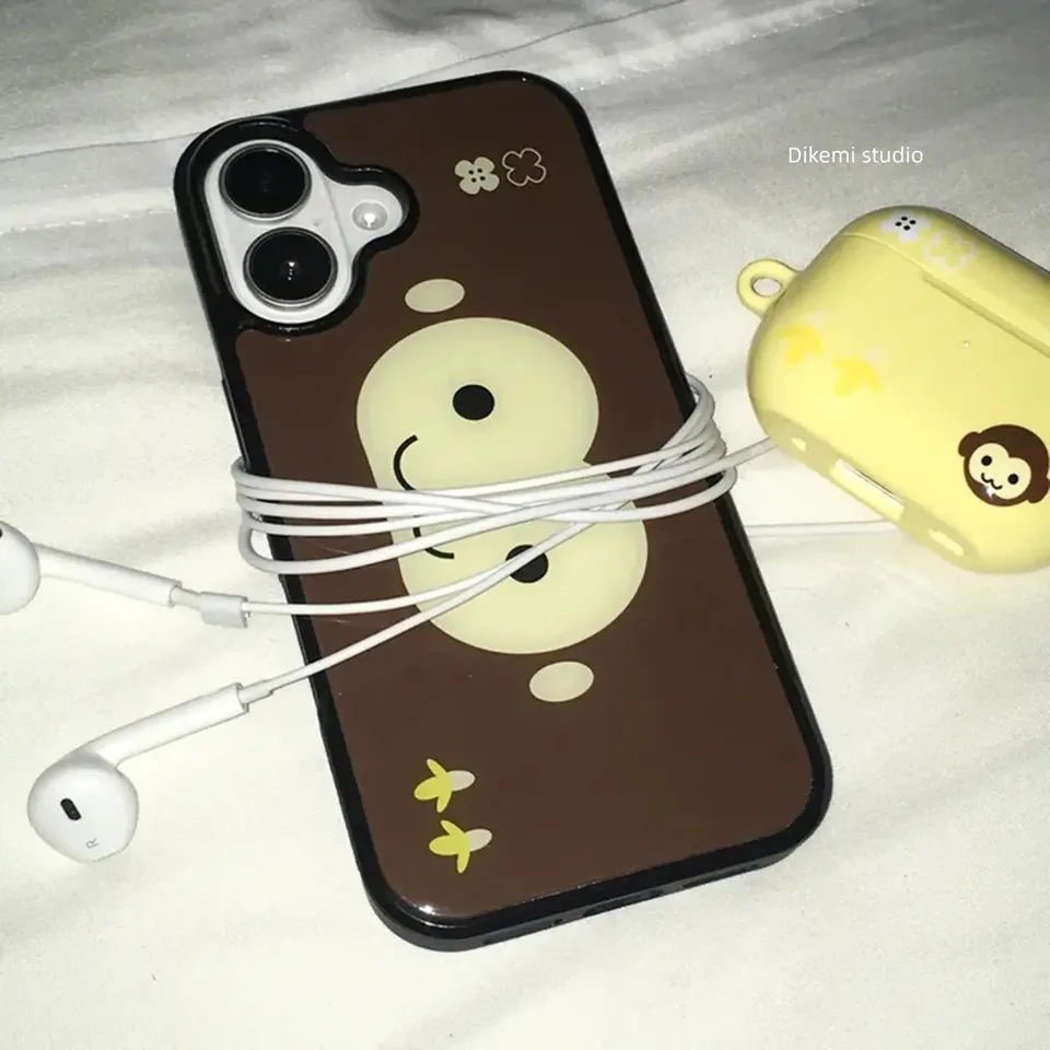 Funda de silicona a prueba de golpes con cara de mono marrón y amarilla, estilo coreano, para iPhone 17 Air 16 Pro Max 15 14 Plus 13 12 11 2