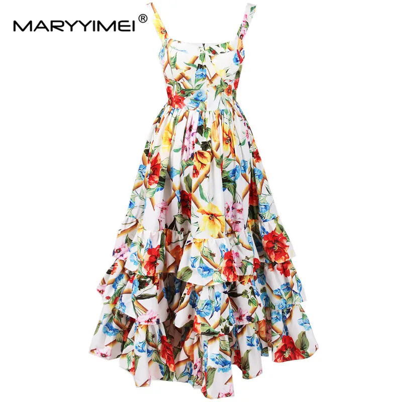 MARYYIMEI-Robe de créateur de mode pour femmes, bretelles spaghetti, dos nu, imprimé floral, volants en cascade, robe de Rhde plage, été