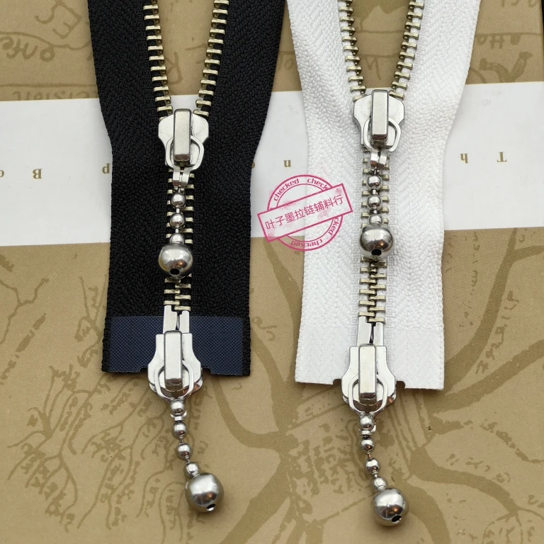 

YKK White Copper Double-ended Zipper No. 5 Metal Long Bead Head Silver Zipper