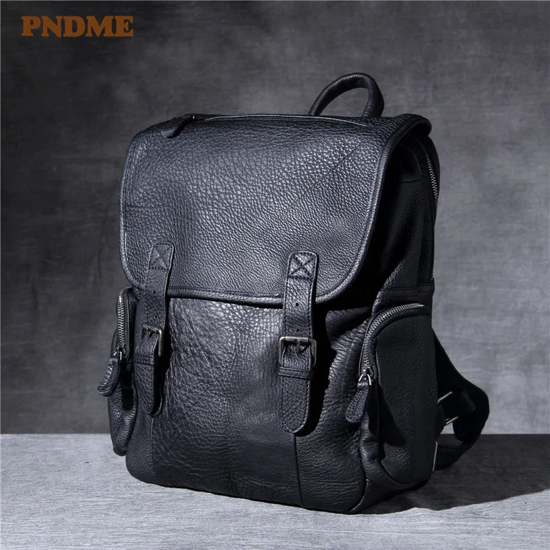 PNDME Outdoor Travel High Quality Genuine Leather Men's Black Backpack Casual Designer Luxury Natural Real Cowhide Schoolbag