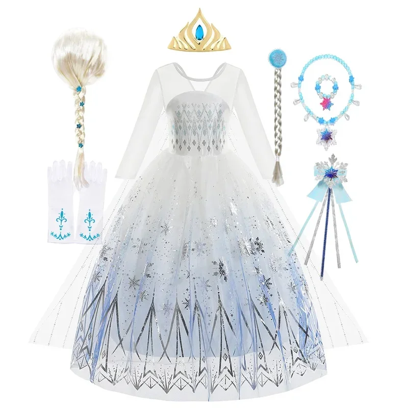 Ee01 elsa trajes para meninas cosplay princesa vestido de aniversário longo branco neve rainha vestidos halloween carnaval roupas & 0ww